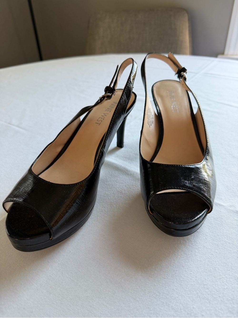 Nine West Black Patent Slingback Peep-Toe Heels